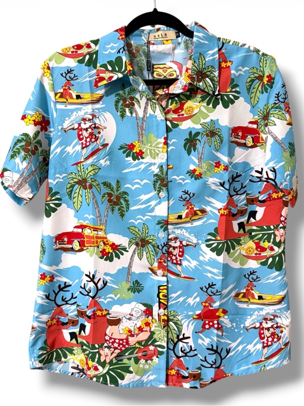 SSLR women's collection button down surfing santa tropical reindeer boats water